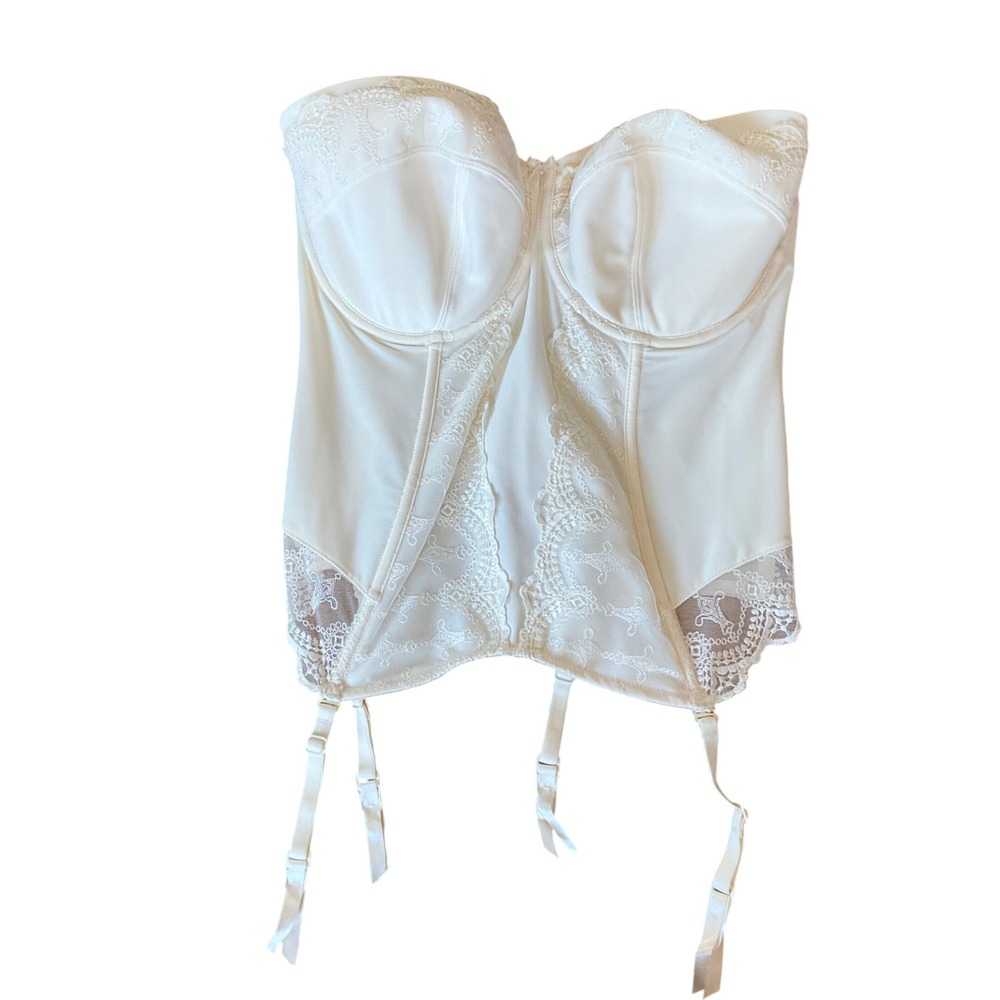 Panache Evie Bridal Basque Women 32F Ivory Lace Strapless Corset Garter